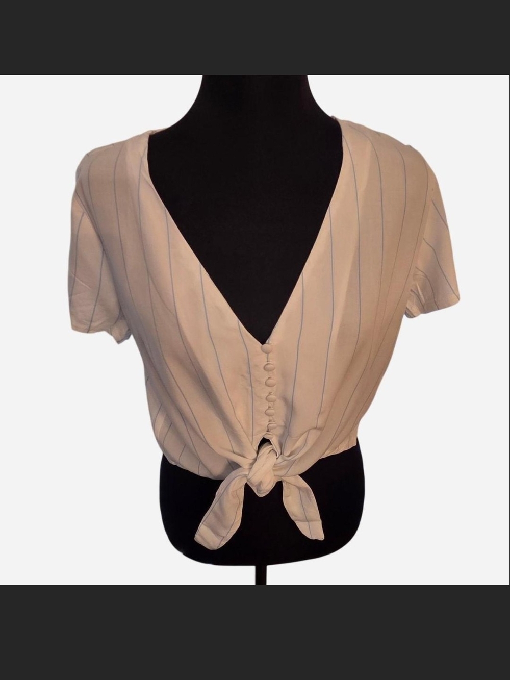 Forever 21 Cream Crop Top with Blue Pinstripes and Front Tie